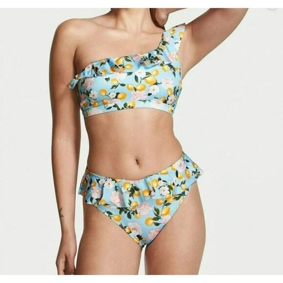 Victoria's Secret Swim Ruffle High-Waist Cheeky Bikini Bottom Blue Lemon - Picture 1 of 5